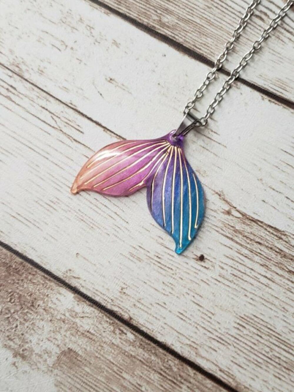 Mermaid Tail Pendant Necklace Pink, Purple, & Blue, Gold Tone - New